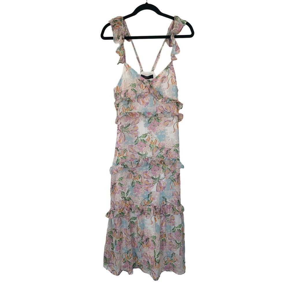 o.p.t Ingrid Pink Floral Ruffle Tiered Midi Dress Size Small